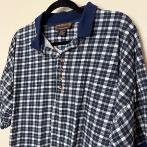 vintage short sleeve polo henley blue checkered plaid size XL 100% cotton